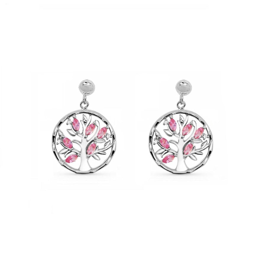 Boucles D'oreilles Quartz Rose Breloque Arbre De Vie - Crochets Argent 925 - Neuf Avec étiquettes