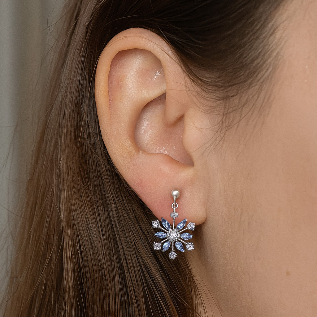 Boucles D'oreilles Flocon De Neige Argenté Avec Pierres Bleutées - Alliage Sans Marque