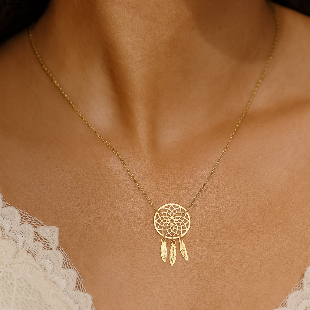 Collier Femme Pendentif Cœur Attrape-rêve - Plaqué Or Jaune 750/1000 - Zirconia Cubique Blanc - Neuf Avec étiquettes
