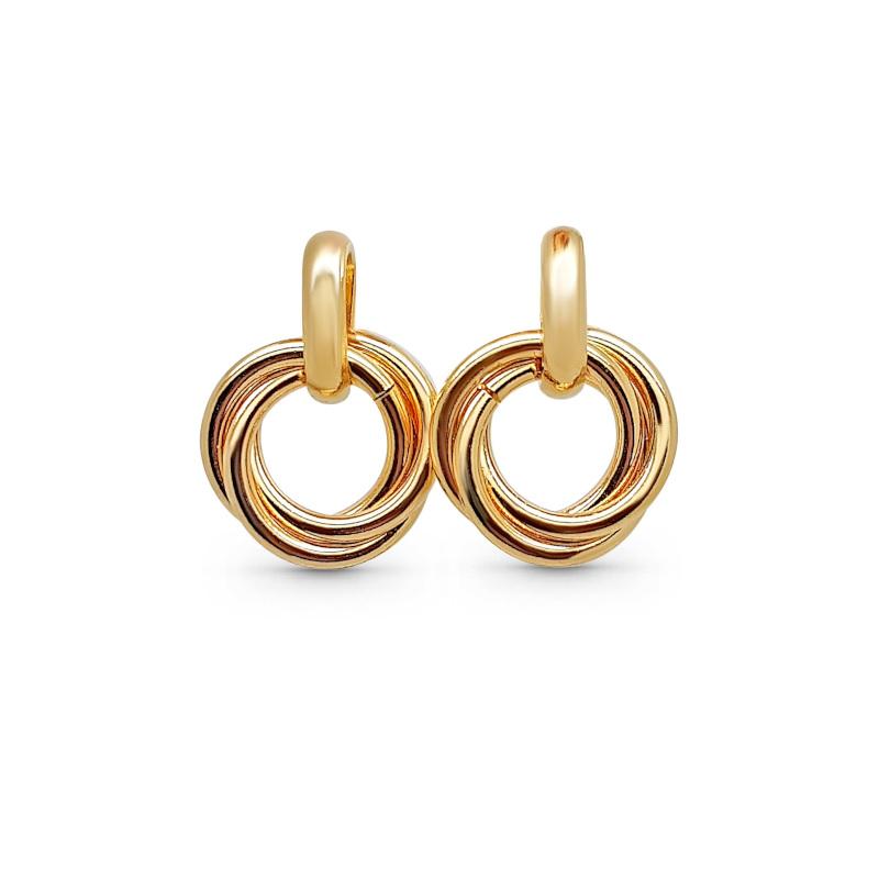 Boucles D'oreilles Créoles Triple Entrelacées Plaqué Or - Diamètre 3cm, Fermoir Clou - Neuves