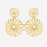 Boucle d'Oreille Lily - Double Fleur Tombante Acier Doré