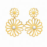 Boucle d'Oreille Lily - Double Fleur Tombante Acier Doré