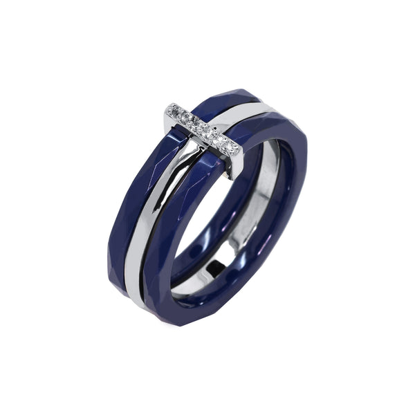 Bague Naïra - Ceramique 3 Anneaux Bleu Argent